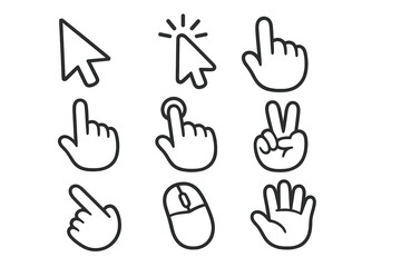 Cursor and hand gesture icon set for web interaction. Collection of pointers, click and tap symbols for user interface design. Vector cartoon illustration for UI and UX projects.