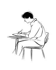 Line art of student writing at desk in minimal style