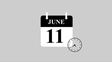 Futuristic June 11 calendar icon featuring dynamic watch animation. High-Resolution motion graphics template for digital scheduling, smart reminders, countdown interfaces, and timeline.