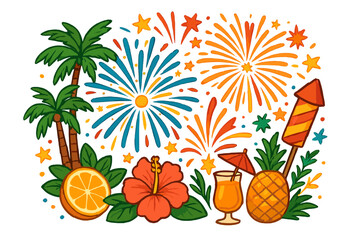 Vibrant festive fireworks with tropical elements, palm trees, pineapples, hibiscus flower, and summer cocktail in cartoon style, colorful celebration vector set with transparent background