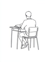 Fototapeta premium Line art of student studying alone at desk in minimalist style