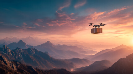 Futuristic drone delivering supplies to remote mountain regions