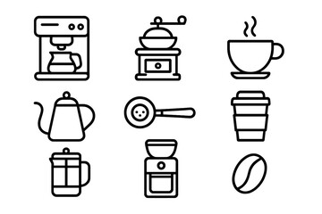 Coffee equipment and brewing methods outline icon set. Vector graphic symbols of coffee making tools: machine, grinder, cup, kettle, french press, portafilter and bean.