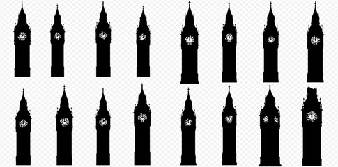 Sixteen black silhouettes of the iconic Big Ben clock tower arranged in a grid pattern on a transparent background.