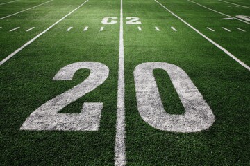 High-angle view of a football field, showing the number 20 painted on the green turf.  White markings for yard lines are visible