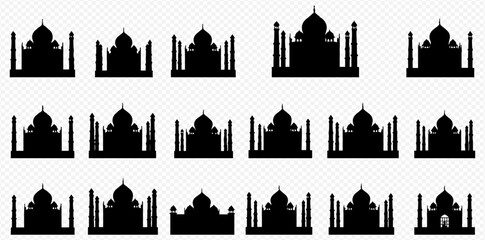 Fototapeta premium Collection of black silhouette icons depicting various Taj Mahal-inspired architectural structures with domes and minarets.