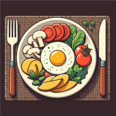 Seamless vector pattern of fried eggs with bacon and vegetables