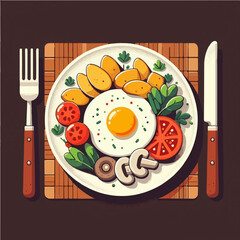Seamless vector pattern of fried eggs with tomato and salad