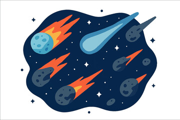 Fiery and icy meteors streak across dark starry sky. Modern 3D Icon Set