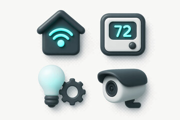 Fototapeta premium Smart Home Icons for Security, Climate, Connectivity, and Innovation. Modern 3D Icon Set