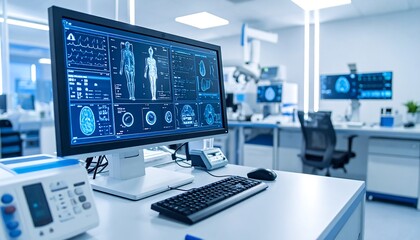 Fototapeta premium Medical Research Lab Modern Computer Displays Human Anatomy Brain Scans.