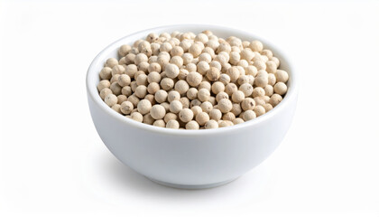 White peppercorns filling a white bowl, isolated on a white background
