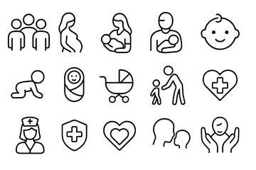 Family and maternity line icon set. Parenting, health care, pregnancy and childcare icons outline collection. Vector symbols for newborn, baby, parent, nurse, love and support.