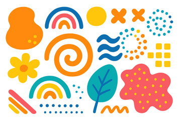 Set of colorful abstract organic shapes and doodles. Hand drawn trendy contemporary elements for design. Modern vector illustration with rainbow, flower, leaf, spiral and spots.