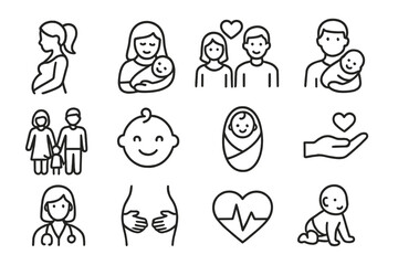 Family and maternity line icon set. Icons for parenting, pregnancy, newborn baby, and health care. Vector outline symbols for mother, father, child, and doctor.