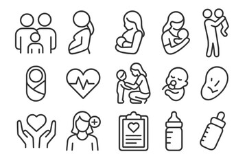 Family and maternity line icon set. Parenting, pregnancy, newborn baby and health care outline icons. Vector collection for childcare, mother, father, medical and love symbols.