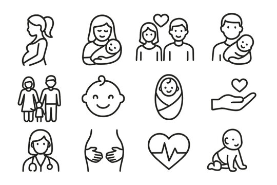Family and maternity line icon set. Icons for parenting, pregnancy, newborn baby, and health care. Vector outline symbols for mother, father, child, and doctor.
