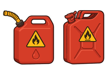 Two red fuel containers with flammable warning signs. Vector illustration of a gas can, jerrycan for petrol or diesel. Safety symbol icon set for gasoline storage. Cartoon.