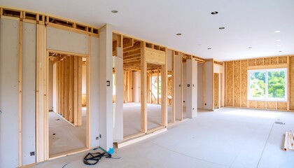 A spacious interior view of a house under construction, showcasing the wooden framing and drywall installation.