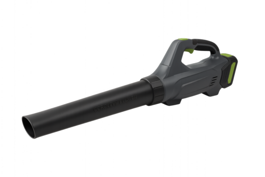 Photo of a cordless electric leaf blower with a black nozzle and green accents, ideal for garden maintenance and yard work isolated on transparent background