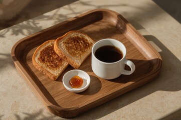 Modern Wooden Breakfast Tray with White Cup, Toast, and Jam in Soft Natural Light