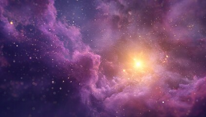 Obraz premium A vibrant nebula, predominantly purple and pink, glows with embedded golden light, speckled with countless tiny stars, creating a cosmic, ethereal scene