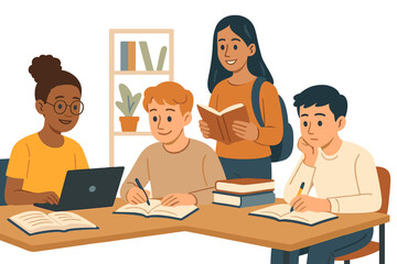 Diverse group of students studying together. Teamwork and collaboration in a library or classroom. Vector illustration concept for education, knowledge, and modern learning.