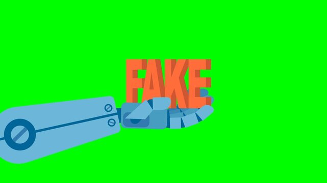 Fake word robotic hand with letters. Fake news, false information, unethical bad support in chatbot mobile app. Artificial intelligence technology false information. 2d flat animation. Alpha channel