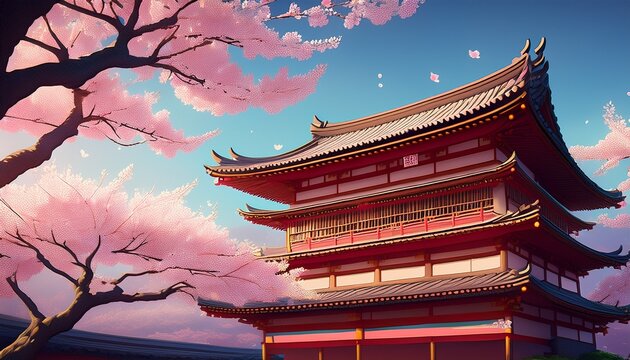 asiatisches bauwerk mit kirschblutenzweigen sakura ai generiert