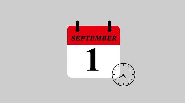 Futuristic Septembar 1 calendar icon featuring dynamic watch animation. High-Resolution motion graphics template for digital scheduling, smart reminders, countdown interfaces, and timeline.