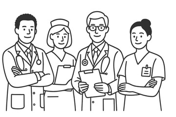 Group of doctors and nurses. Medical team line art vector illustration. Diverse healthcare professionals concept. Hospital staff, clinic workers, medicine, health care drawing.