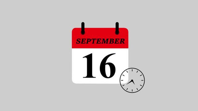 Futuristic Septembar 16 calendar icon featuring dynamic watch animation. High-Resolution motion graphics template for digital scheduling, smart reminders, countdown interfaces, and timeline.
