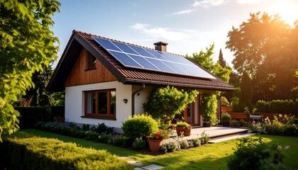 Modern EcoFriendly Home with Solar Panels Generating Renewable Energy.