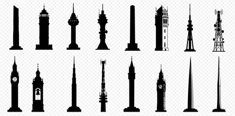 A diverse collection of black silhouettes showcasing various iconic towers, famous landmarks, and modern architectural structures.