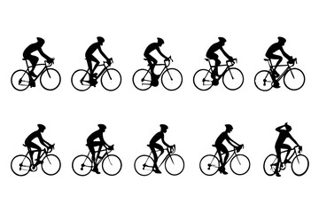 Collection of black silhouettes illustrating a cyclist's pedaling motion on a road bicycle. Vector graphic showing the complete cycle animation for sports and fitness concepts