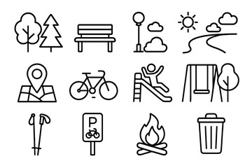 Park and recreation outline icon set for outdoor activities. Vector symbols of nature, playground, camping, hiking, cycling, and urban park elements. Simple line art illustrations.