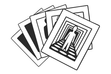 Monochrome illustration of fanned out photographs, with one depicting a human silhouette entering an endless corridor, symbolizing life's journey and potential futures