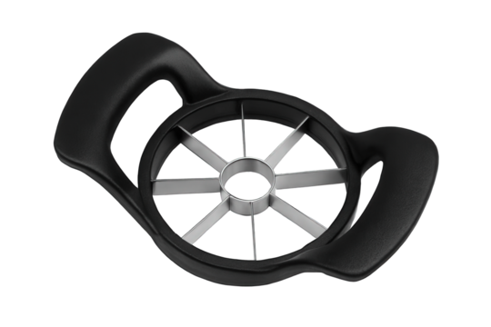 Photo of black apple slicer and corer with metal blades, isolated on transparent background