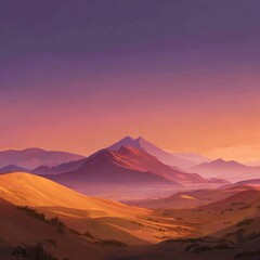 Serene desert landscape at sunset, featuring rolling sand dunes and hazy purple mountains under a twilight sky