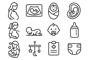 Pregnancy and maternity line icon set. Newborn baby care, motherhood and healthcare symbols. Vector icons of pregnant woman, ultrasound, fetus, infant, bottle, and diaper.