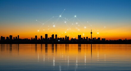 Fototapeta premium Stunning city skyline at dusk with futuristic digital network connecting urban centers, reflecting a vibrant metropolis over serene water, symbolizing global connectivity and technological advancement