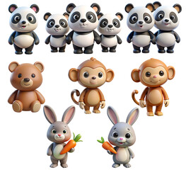 Obraz premium Adorable cartoon animal characters including pandas, bears, monkeys, and bunnies, perfect for kids isolated on Transparent Background