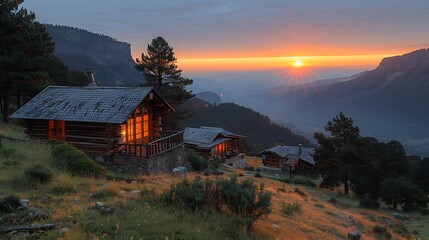 Mountain cabins glow warmly under a vibrant sunset in a scenic landscape