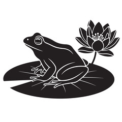 Stylized Black Frog on a Lily Pad with Water Lily Illustration