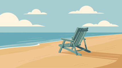  Empty wooden lounge chair facing calm ocean under clear sky — peaceful beach scene evoking solitude, relaxation, and vacation escape