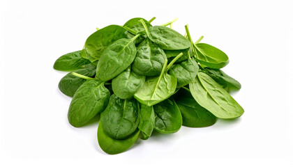 Fototapeta premium Fresh spinach leaves, vibrant green, piled high on a clean white background.