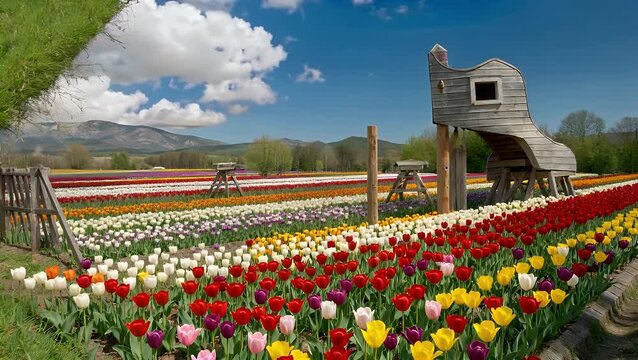 breathtaking timelapse sequence of white clouds rolling across blue skies above vibrant blooming tulip fields during the wooden shoe festival woodburn oregon spring season, an incredible cinematic