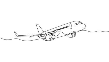 Minimalist line drawing of commercial airplane taking off above wavy ground — clean black and white aviation sketch with upward motion 