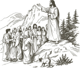 A vintage engraving style illustration of Jesus teaching parables to a crowd on a mountainside. Detailed hand-drawn ink sketch with delicate cross-hatching and authentic paper texture.