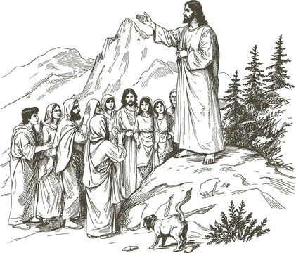 A vintage engraving style illustration of Jesus teaching parables to a crowd on a mountainside. Detailed hand-drawn ink sketch with delicate cross-hatching and authentic paper texture.
